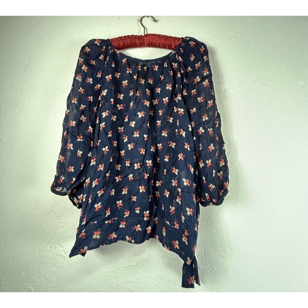 Boden Womens Blouse Top Size 10 Navy Floral 3/4 Sleeve Chiffon Tie Hem Casual